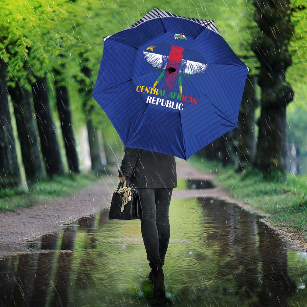 Blue football umbrella open, Central African Republic crest centered on canopy