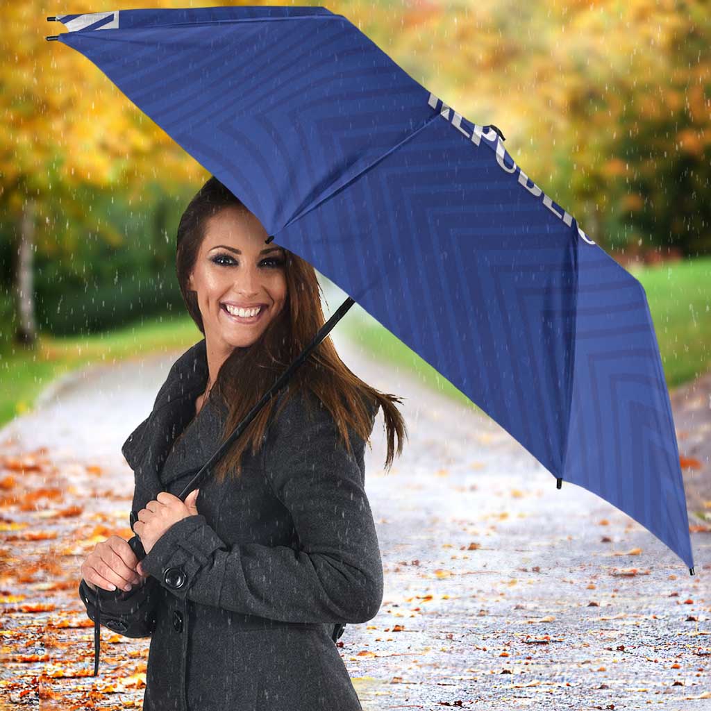 Blue football umbrella open, Central African Republic crest and bold text