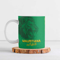 Green ceramic mug with lion emblem and gold Mauritiana lettering on front