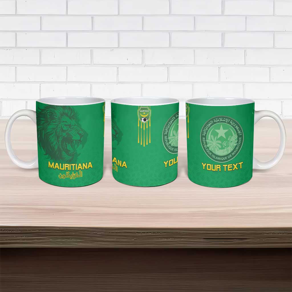 Set of green ceramic mugs with lion emblem, Islamic crest, and “YOUR TEXT”
