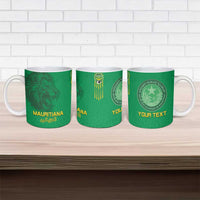 Set of green ceramic mugs with lion emblem, Islamic crest, and “YOUR TEXT”
