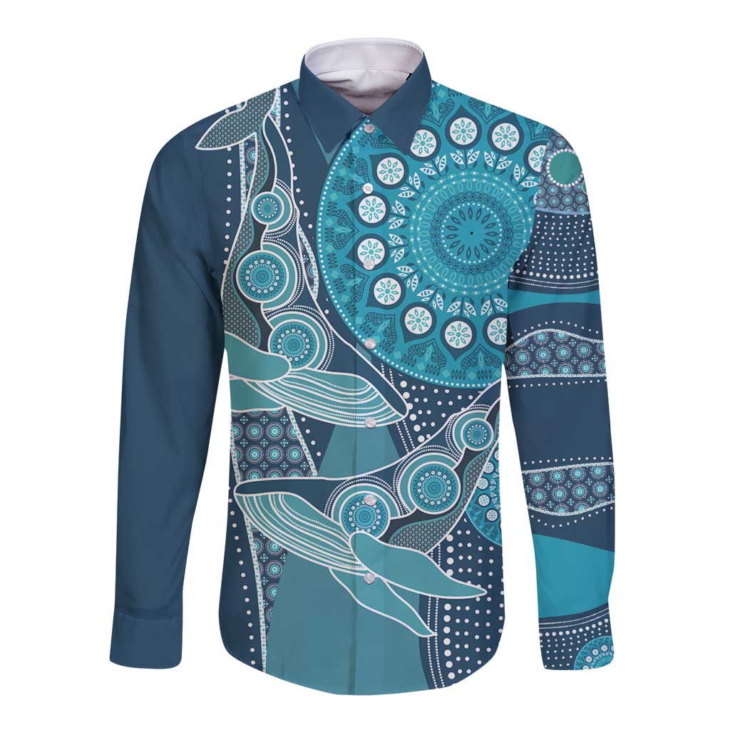 Unisex long-sleeve button shirt in blue with teal mandala and whale graphic