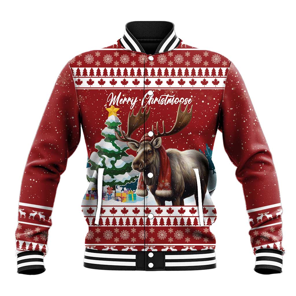 Red Christmas baseball jacket with moose graphic and Merry Christmoose text, ribbed cuffs