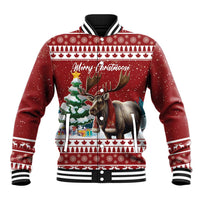 Red Christmas baseball jacket with moose graphic and Merry Christmoose text, ribbed cuffs