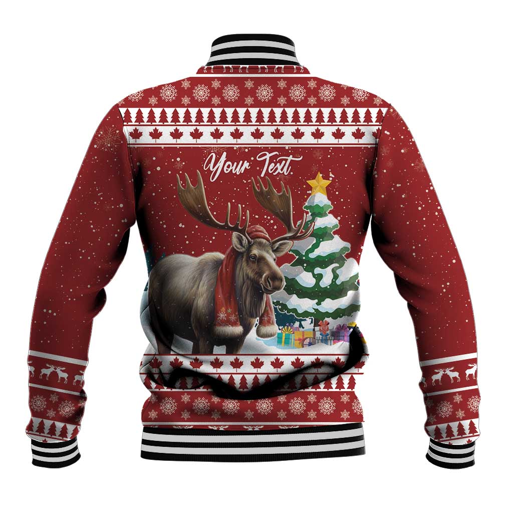 Red Christmas baseball jacket, back moose graphic with Your Text area, striped ribbed hem