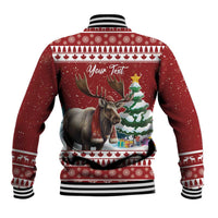Red Christmas baseball jacket, back moose graphic with Your Text area, striped ribbed hem