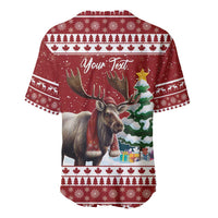 Red Christmas baseball jersey with moose graphic and 'Your Text' text