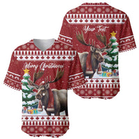 Red Christmas baseball jersey set showing front and back with moose holiday pattern