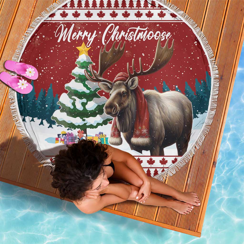 Round red Christmas beach blanket with fringe edge, moose, tree and gifts scene
