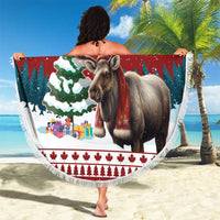 150cm round red beach blanket with fringe edge, moose and holiday text
