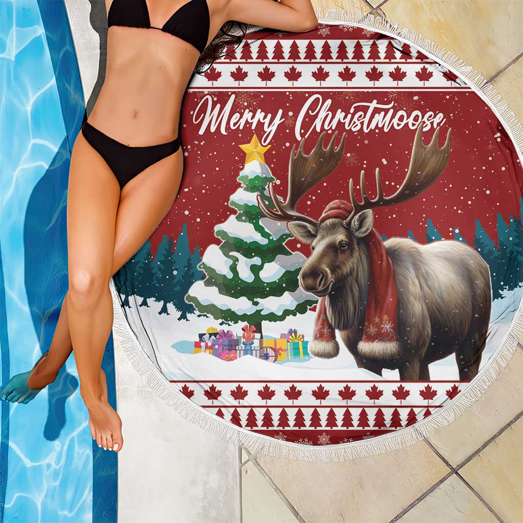 Round red Christmas beach blanket with fringe edge, moose graphic and gift boxes