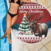 Round red Christmas beach blanket with fringe edge, moose graphic and gift boxes