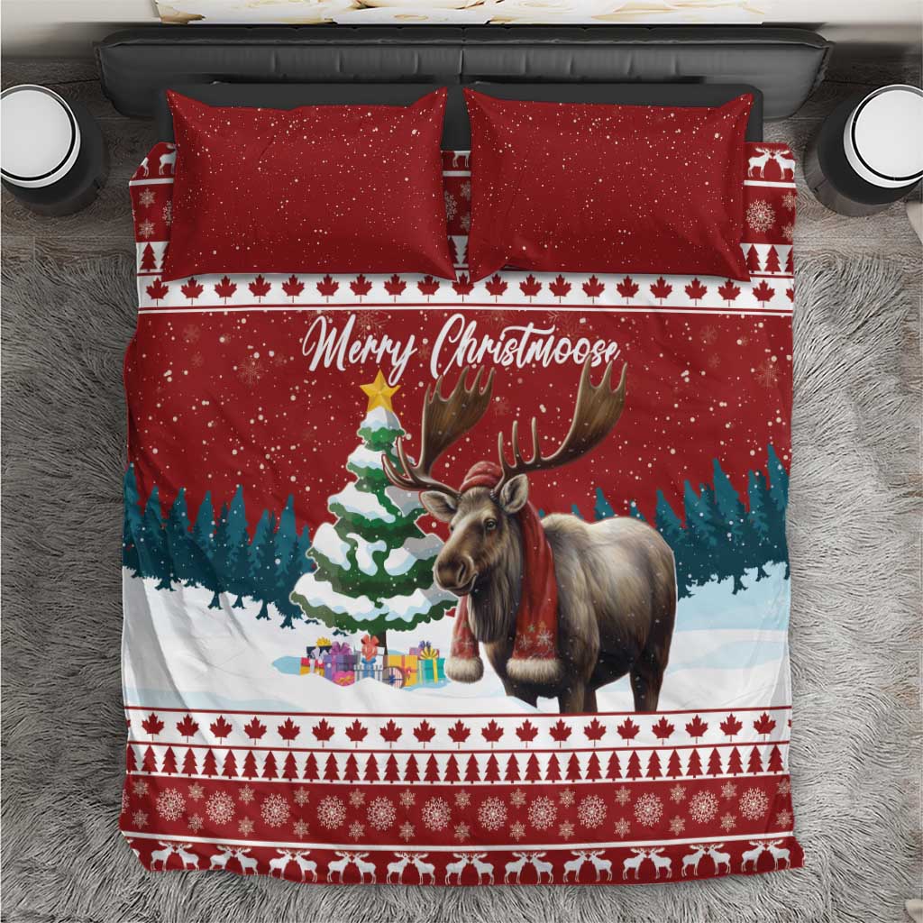 Red Christmas bedding set with two matching pillowcases and moose holiday design
