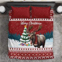 Red Christmas bedding set with two matching pillowcases and moose holiday design
