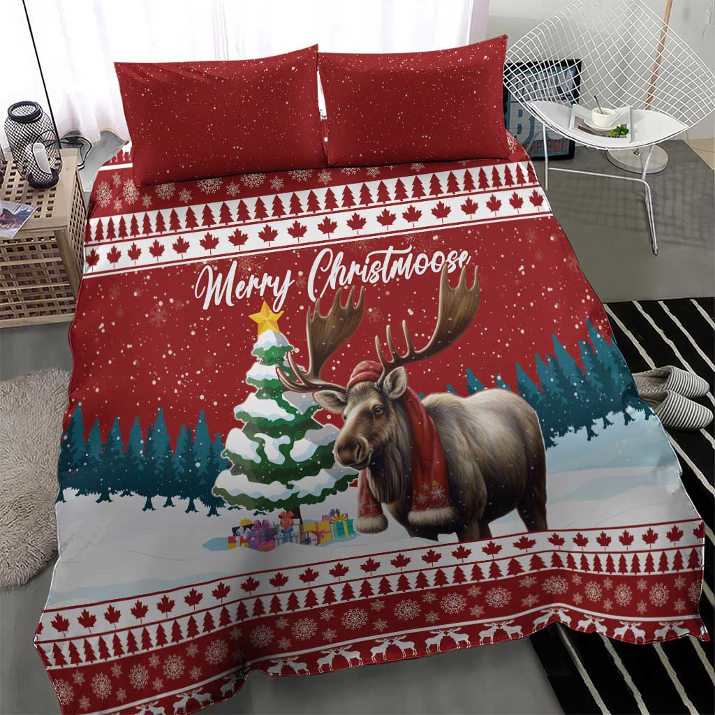 Red Christmas bedding set on bed with two pillowcases and moose front panel