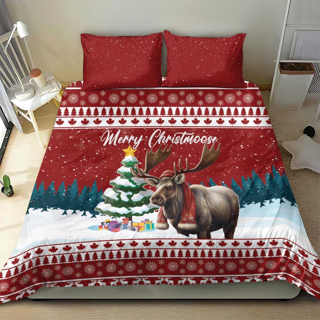 Red Christmas bedding set with two pillows and duvet with moose and festive stripes