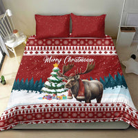 Red Christmas bedding set with two pillows and duvet with moose and festive stripes