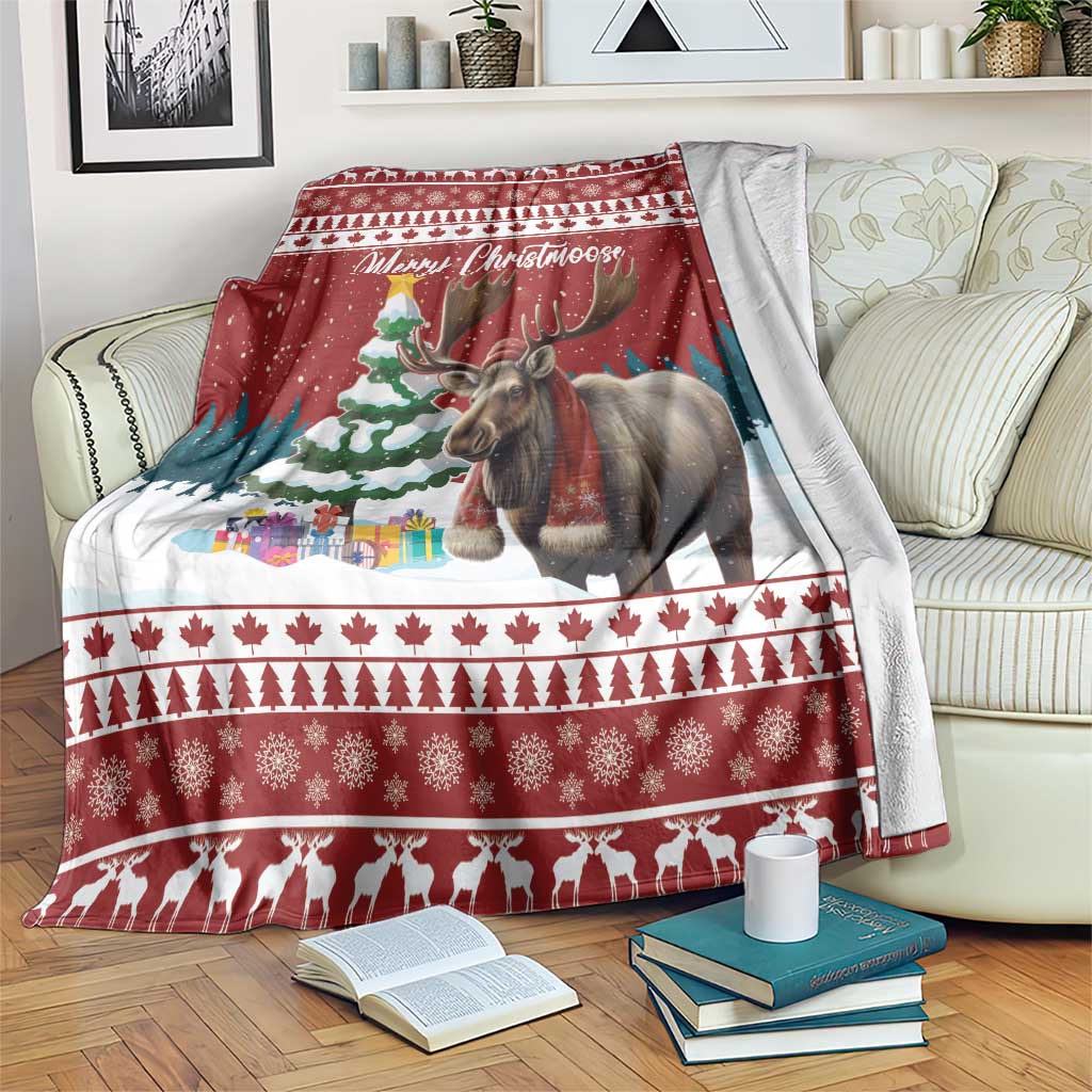 Red Christmas blanket with reindeer and 'Merry Christmoose' text, snowy village border