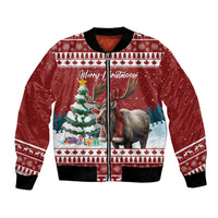 Red Christmas bomber jacket with moose front graphic, black ribbed cuffs and collar