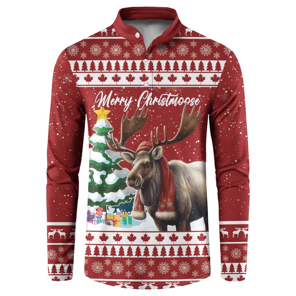 Red button-up Christmas sweatshirt with moose graphic and snowflake trim, front view