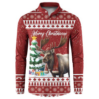 Red button-up Christmas sweatshirt with moose graphic and snowflake trim, front view