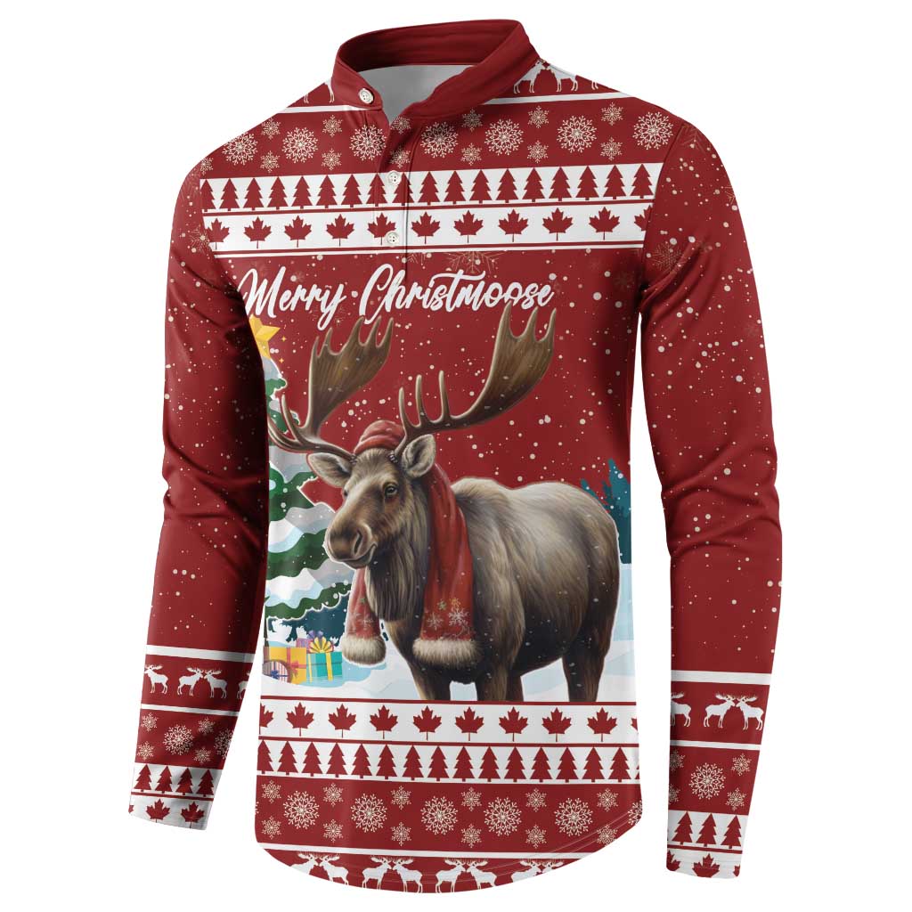 Red button-up Christmas sweatshirt with moose graphic, 'Merry Christmoose' on back