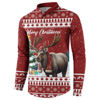 Red button-up Christmas sweatshirt with moose graphic, 'Merry Christmoose' on back