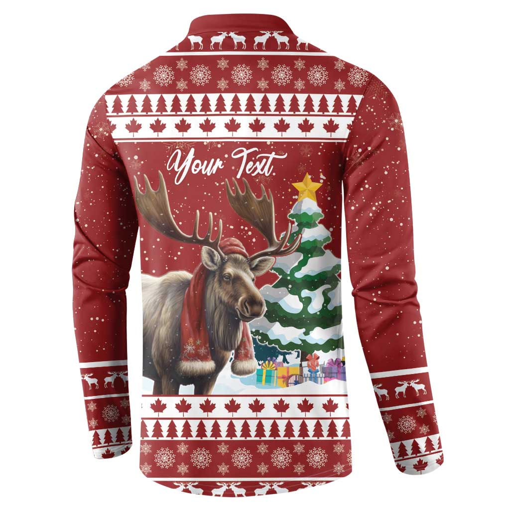 Red button-up Christmas sweatshirt with moose graphic and 'Your Text' on back
