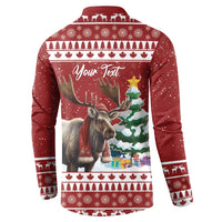 Red button-up Christmas sweatshirt with moose graphic and 'Your Text' on back