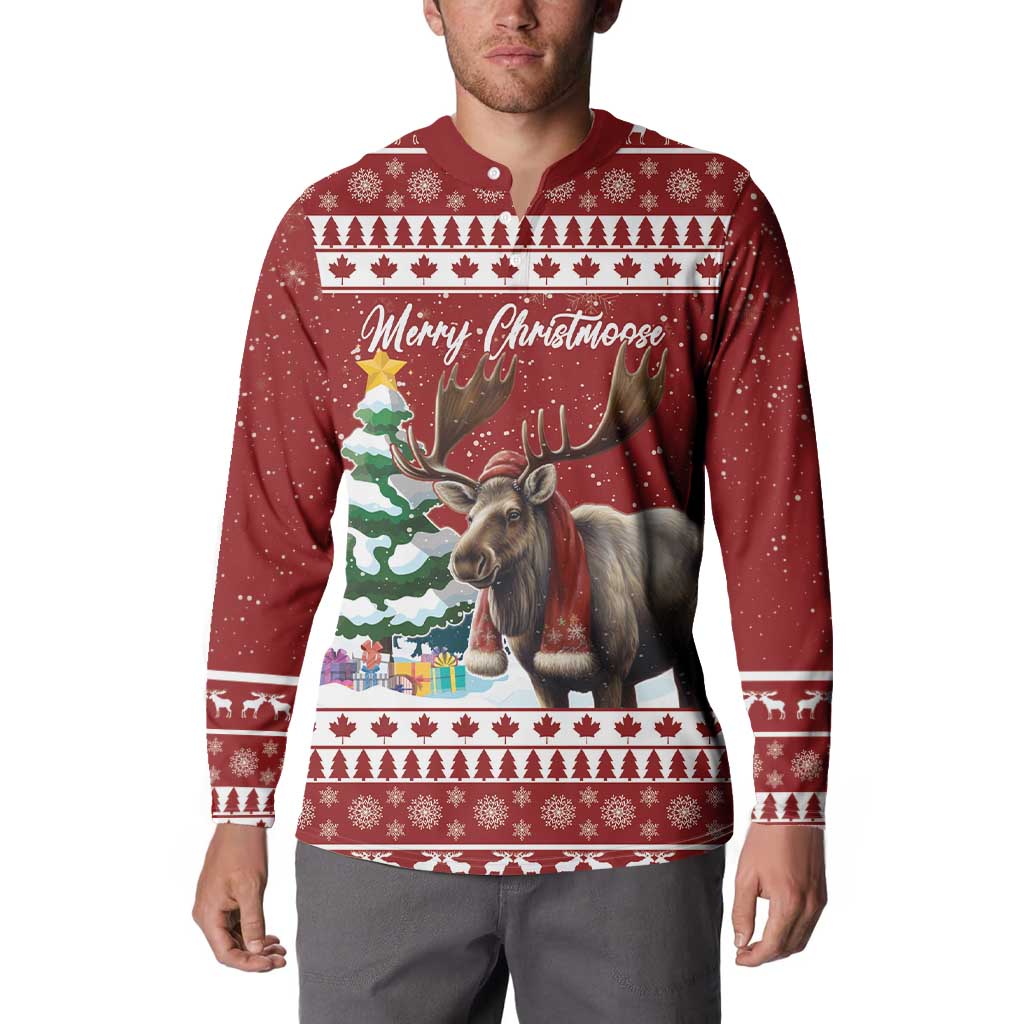 Red button-up Christmas sweatshirt with moose graphic and festive pattern, worn front
