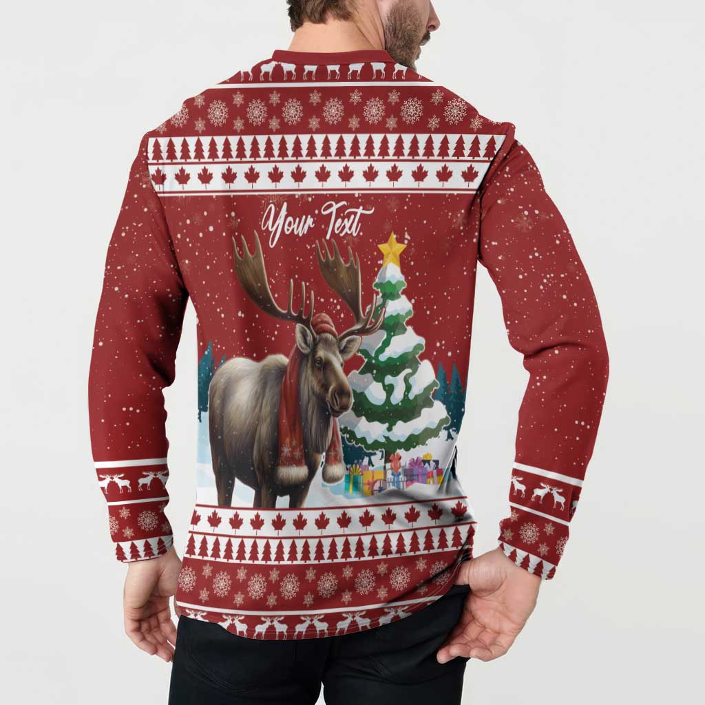 Red button-up Christmas sweatshirt with moose graphic and 'Your Text'—close back view