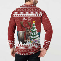 Red button-up Christmas sweatshirt with moose graphic and 'Your Text'—close back view