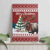 Red canvas wall art featuring “Merry Christmoose” with moose holding a wreath in winter.