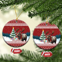 Red ceramic circle Christmas ornament with reindeer, tree scene, gold hanger, front/back tags