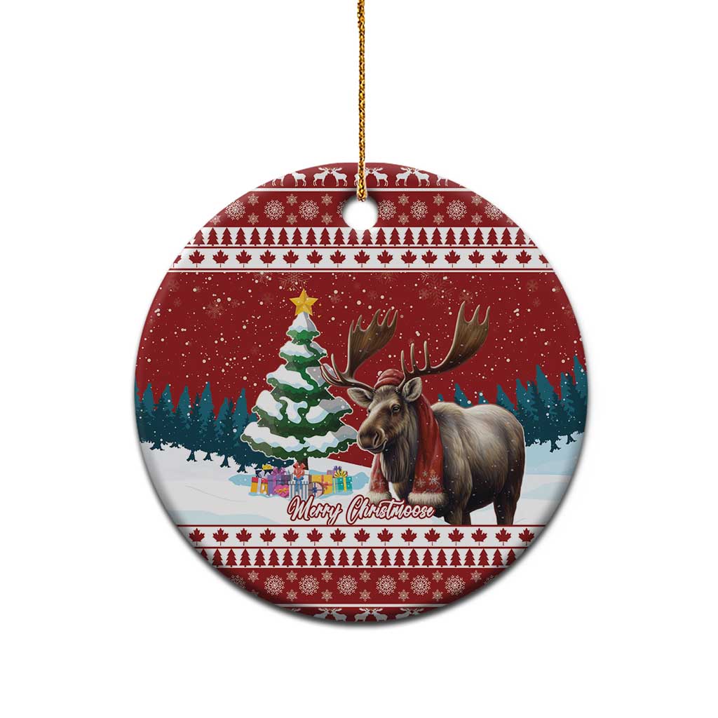 Red ceramic circle Christmas ornament with reindeer and Christmas tree scene, gold hanger