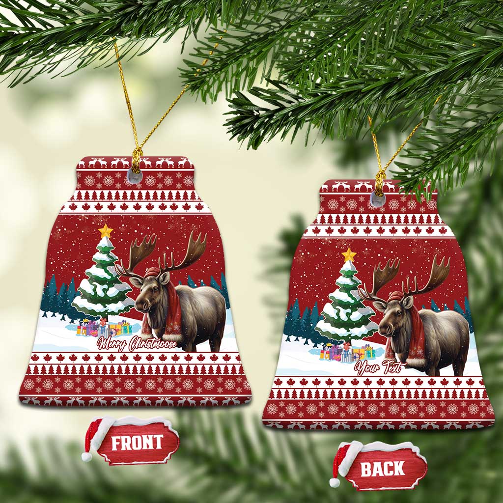 Red ceramic bell ornament with reindeer and Christmas tree scene, gold hanger, front/back tags