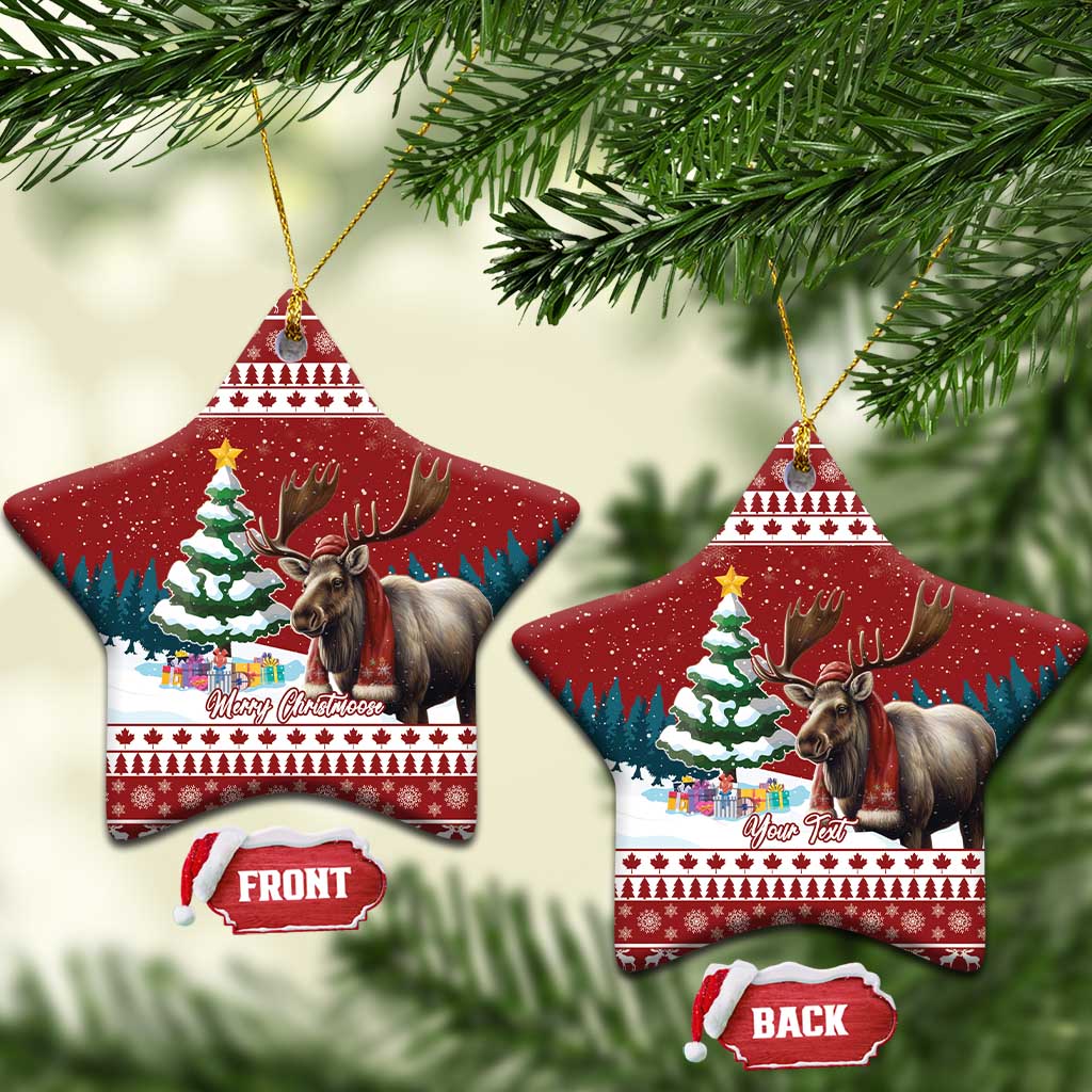 Red ceramic star ornament with reindeer and Christmas tree scene, gold hanger, front/back tags