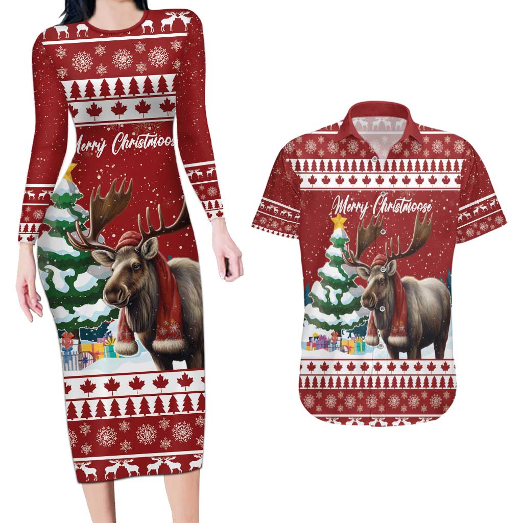 Personalized Canada Christmas Couples Matching Long Sleeve Bodycon Dress and Hawaiian Shirt Merry Christmoose - Wonder Print Shop