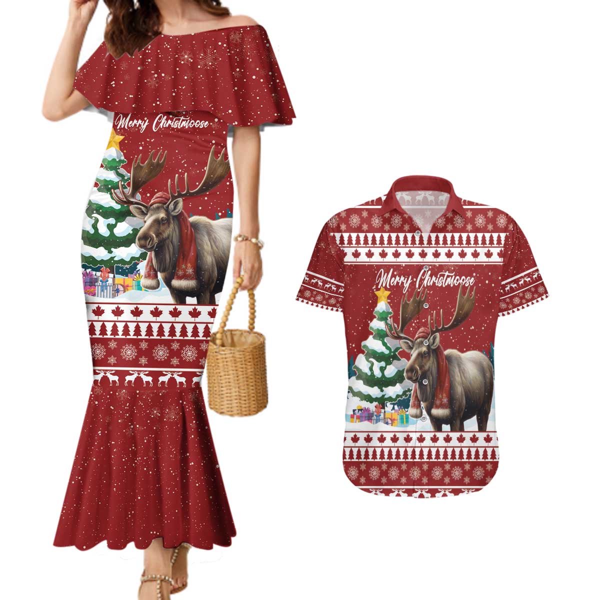 Personalized Canada Christmas Couples Matching Mermaid Dress and Hawaiian Shirt Merry Christmoose - Wonder Print Shop