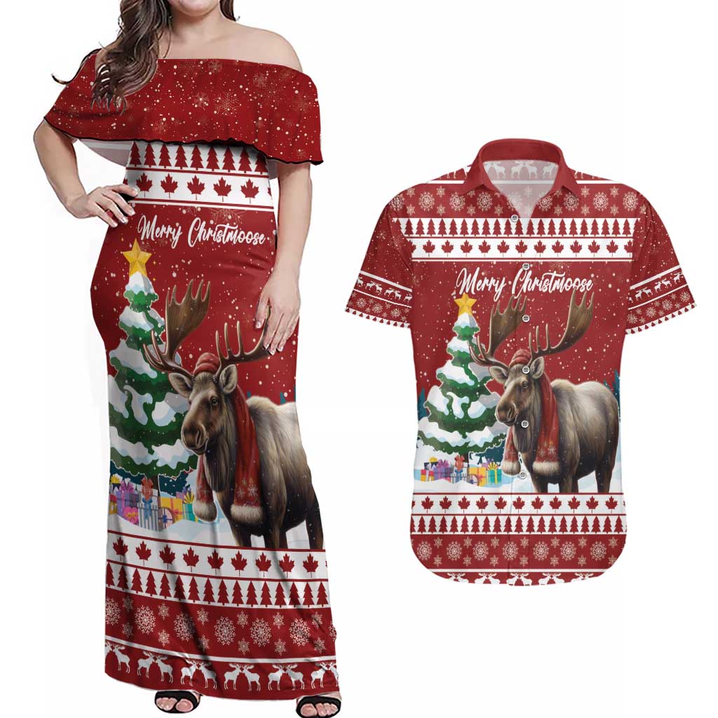 Personalized Canada Christmas Couples Matching Off Shoulder Maxi Dress and Hawaiian Shirt Merry Christmoose - Wonder Print Shop