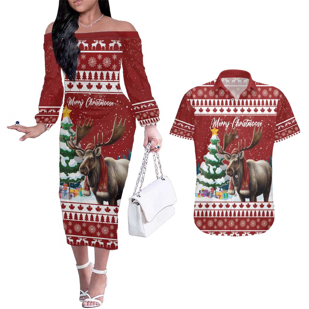 Personalized Canada Christmas Couples Matching Off The Shoulder Long Sleeve Dress and Hawaiian Shirt Merry Christmoose - Wonder Print Shop