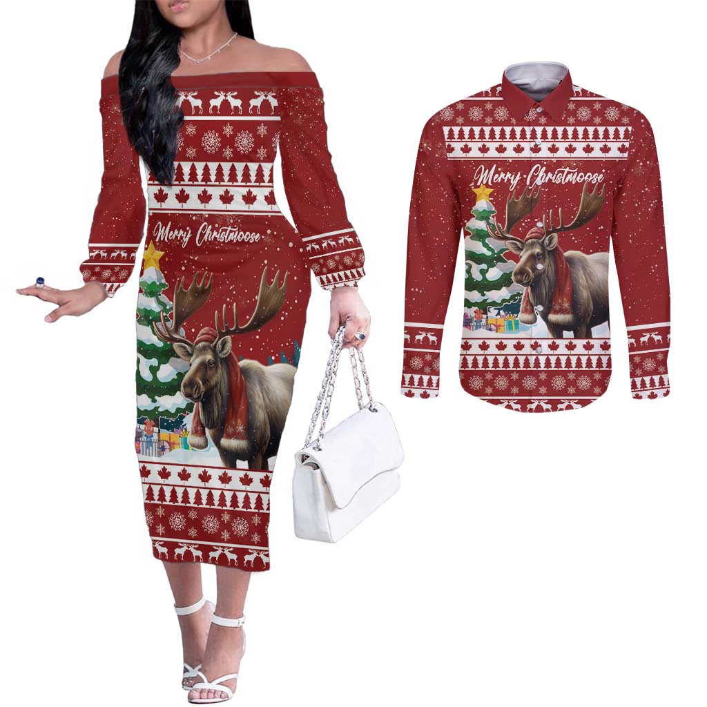 Personalized Canada Christmas Couples Matching Off The Shoulder Long Sleeve Dress and Long Sleeve Button Shirt Merry Christmoose