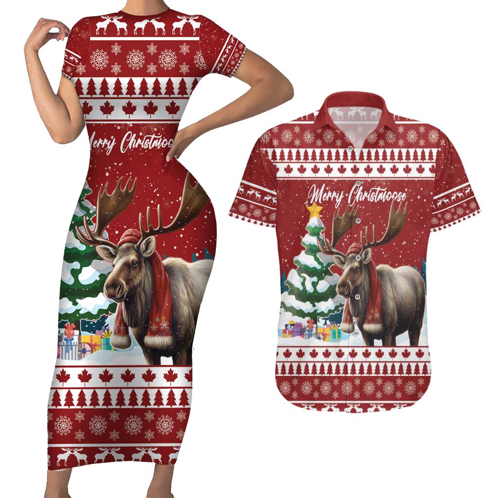 Personalized Canada Christmas Couples Matching Short Sleeve Bodycon Dress and Hawaiian Shirt Merry Christmoose - Wonder Print Shop