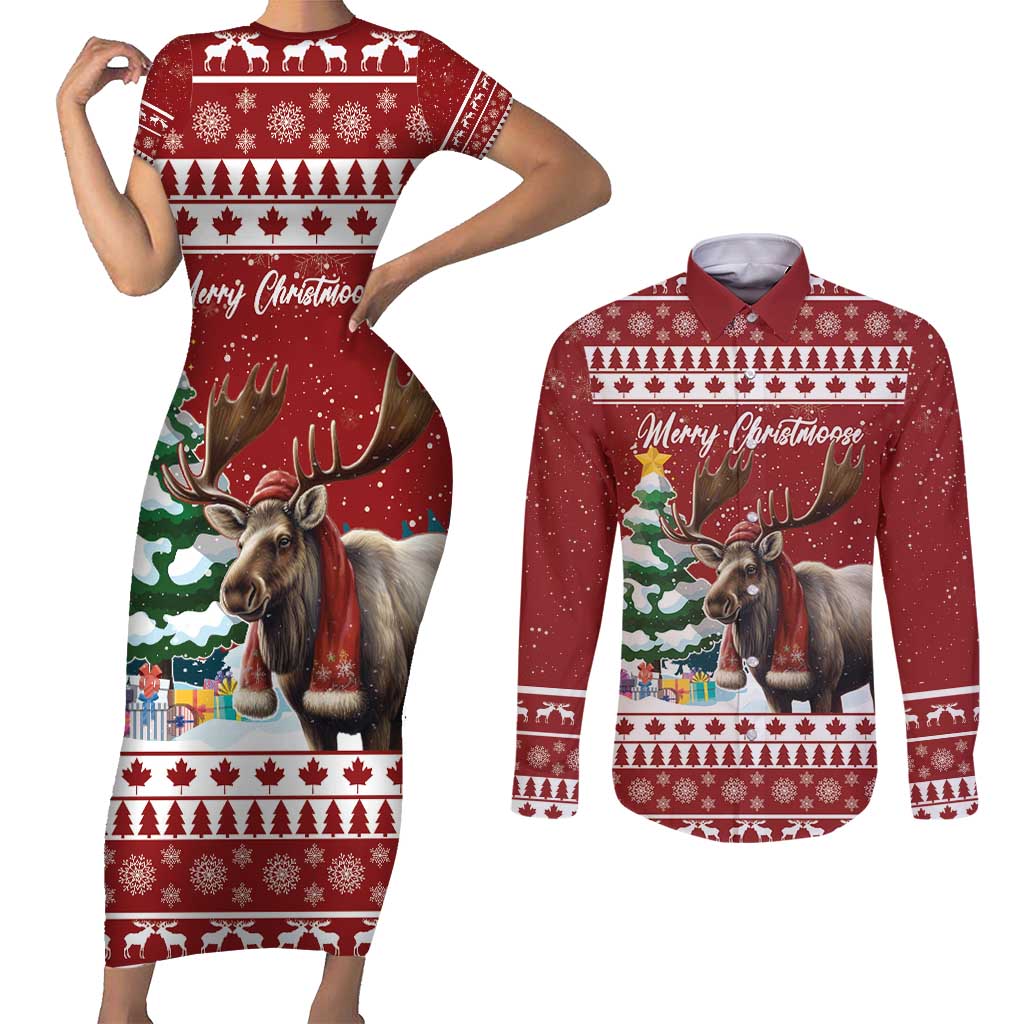 Personalized Canada Christmas Couples Matching Short Sleeve Bodycon Dress and Long Sleeve Button Shirt Merry Christmoose - Wonder Print Shop