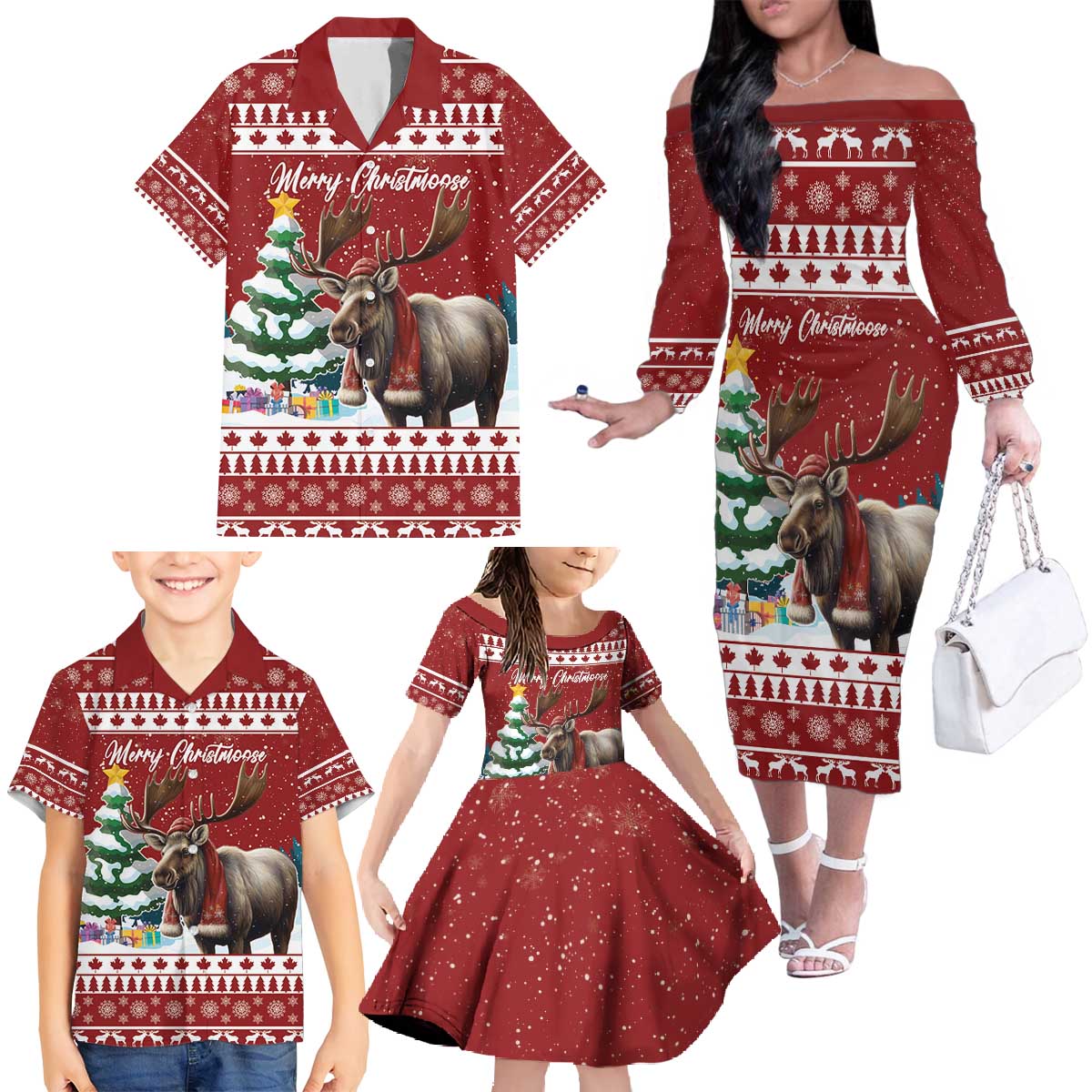 Personalized Canada Christmas Family Matching Off The Shoulder Long Sleeve Dress and Hawaiian Shirt Merry Christmoose - Wonder Print Shop