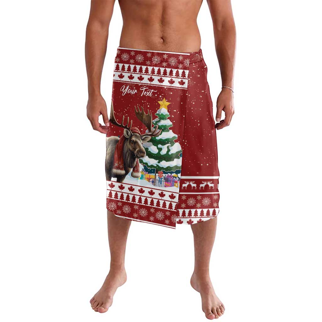 Red personalized Christmas lavalava with reindeer and tree graphic, border trim