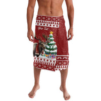 Red personalized Christmas lavalava with reindeer and tree graphic, border trim