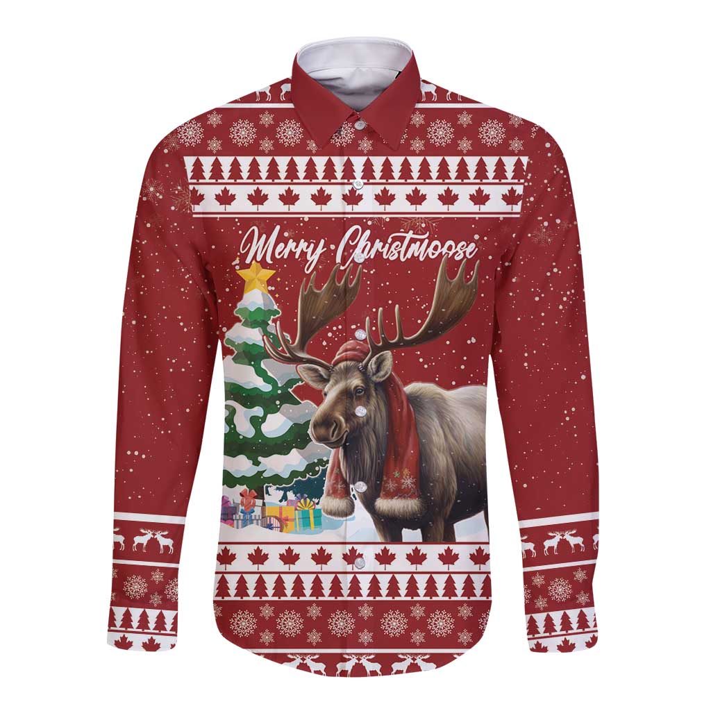 Red long-sleeve button shirt with Christmas moose graphic and 'Merry Christmoose' text