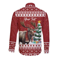 Red long-sleeve button shirt with back Christmas moose graphic and 'Your Text'