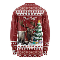 Red long-sleeve Christmas shirt with reindeer graphic and "Your Text" area